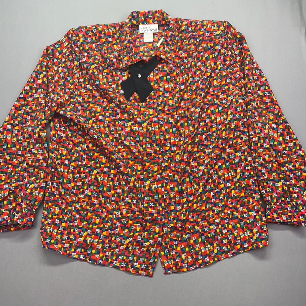 Petite Impressions Vintage Colorful Print Blouse with Bow Size 12 Boho‎